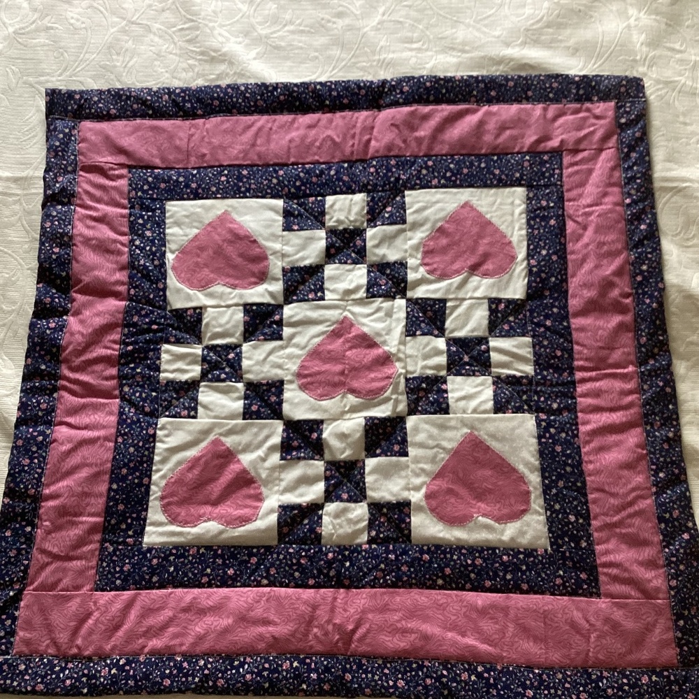 Handmade vintage quilted heart country wall hanging blue / mauve 29 x 29 inches